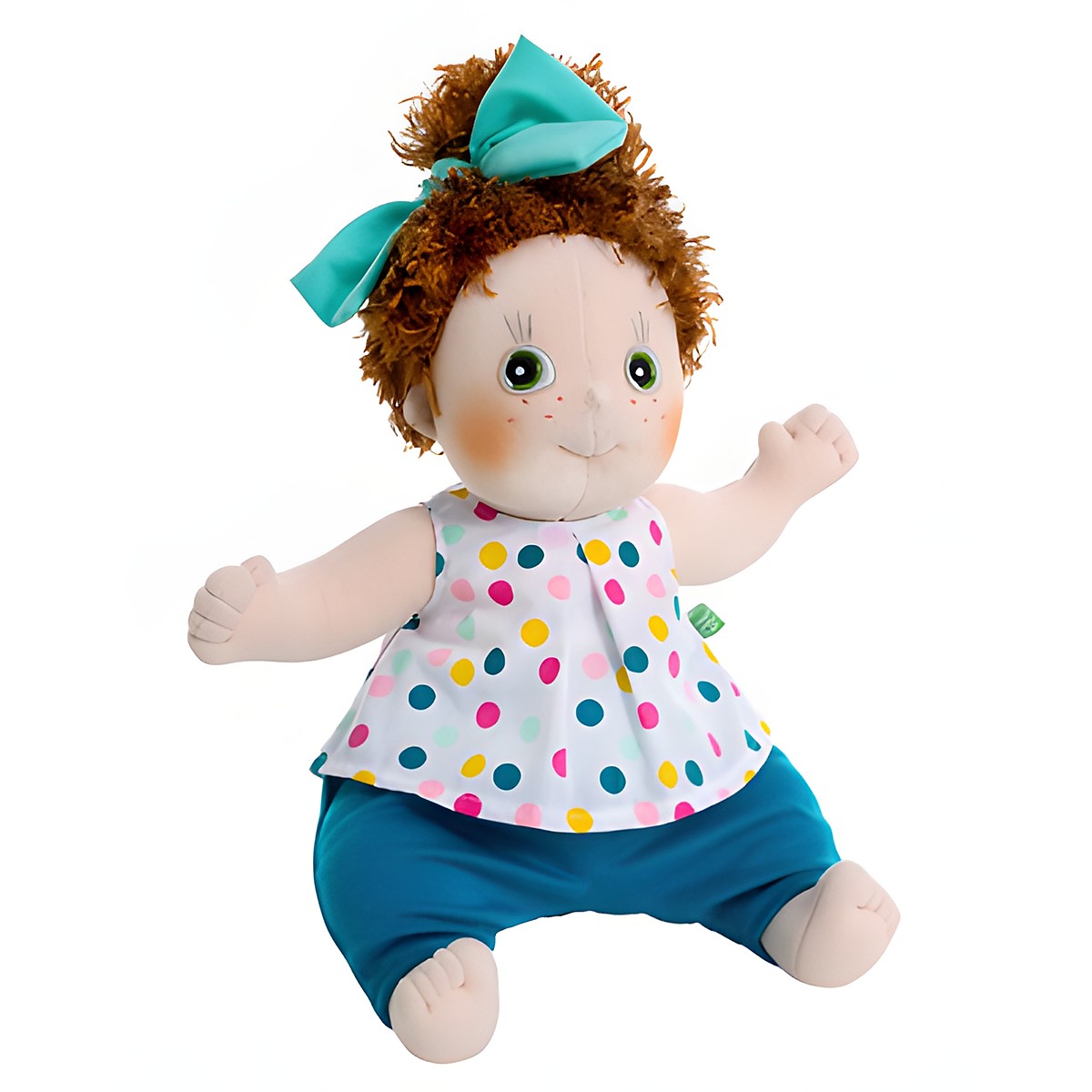 Rubens Kids doll Cicci with turquoise hair bow, dotted top and teal trousers