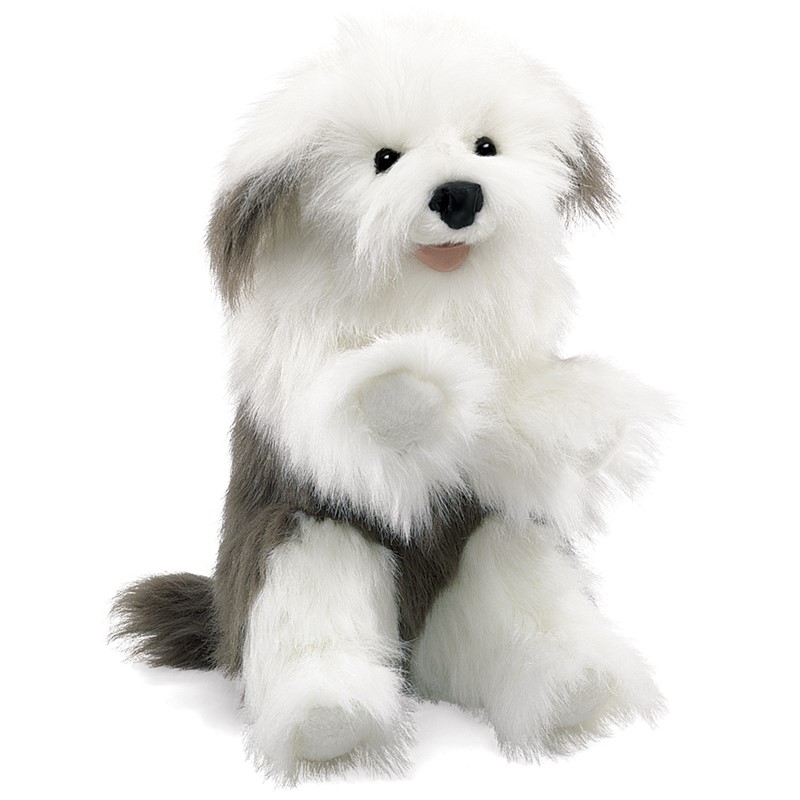 Folkmanis Old English Sheepdog hand puppet, fluffy white and grey coat, sitting front view with raised paw