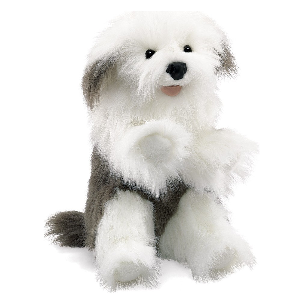 Folkmanis Old English Sheepdog hand puppet, fluffy white and grey coat, sitting front view with raised paw