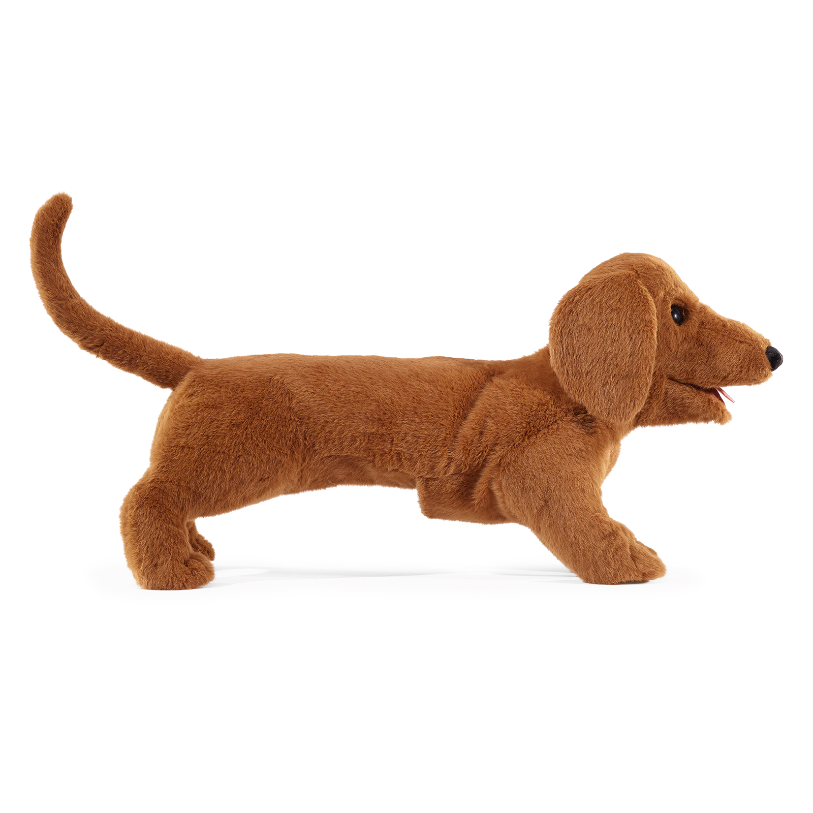 Folkmanis dachshund hand puppet shown in full profile, with its long body, floppy ears and open mouth.