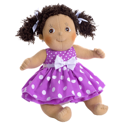 Rubens Kids doll Clara with dark curls and a purple dotted dress with white bow