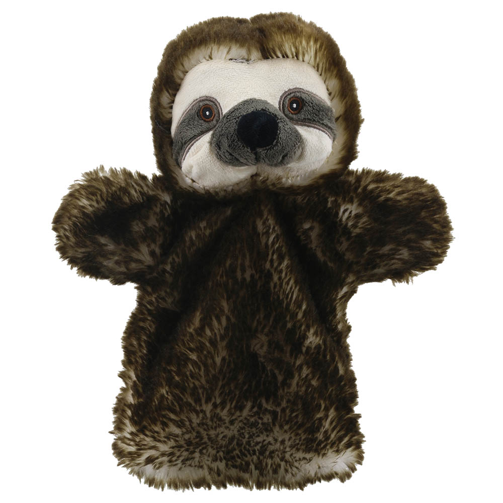 The Puppet Company baby hand puppet sloth, brown sloth with a light face mask and black snout