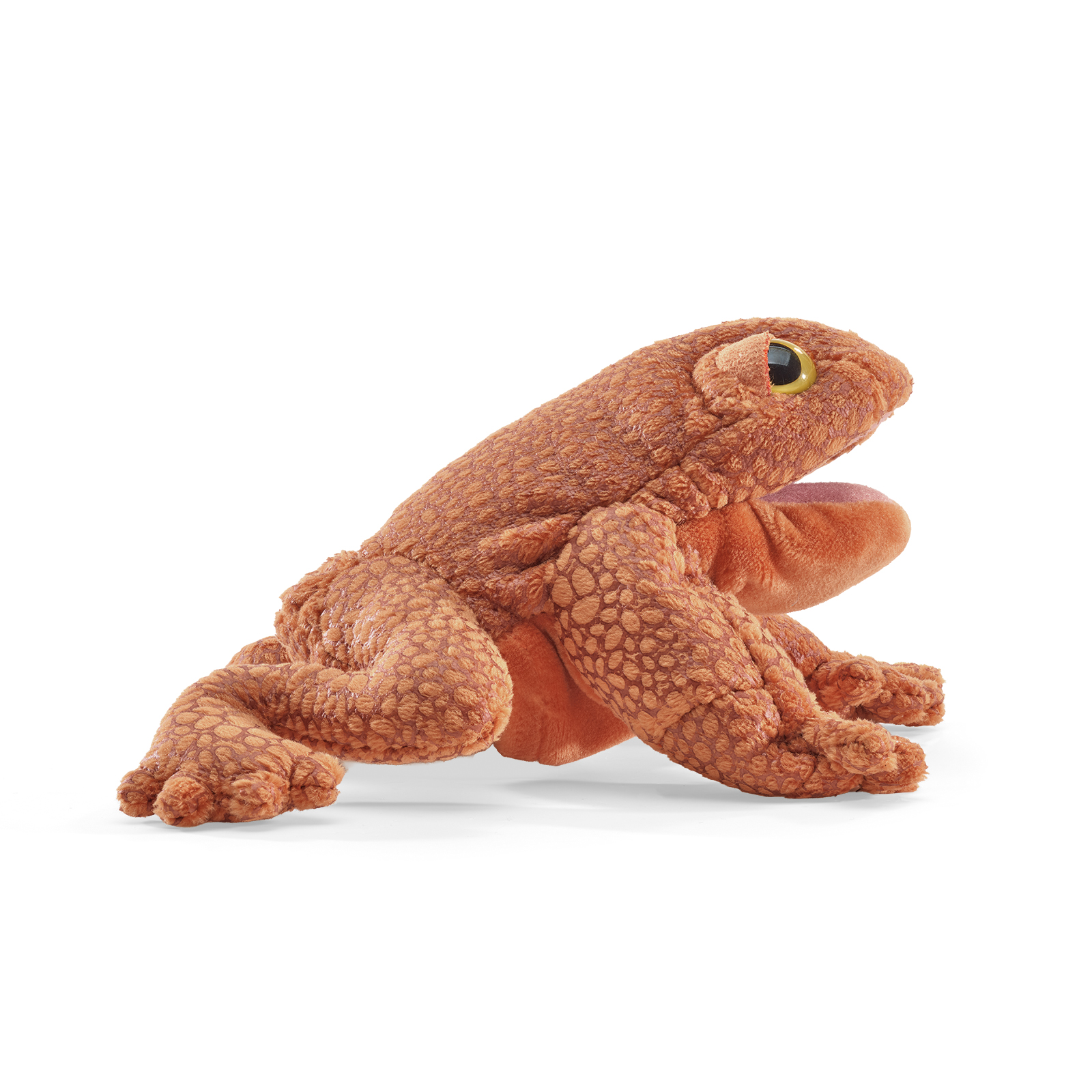 Folkmanis mini toad finger puppet in brown tones with textured scale surface and yellow eye, angled view
