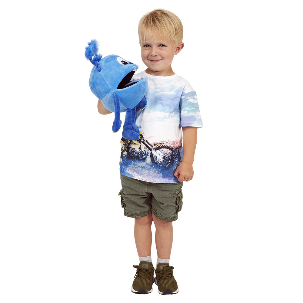 Boy holding the The Puppet Company blue baby monster hand puppet on his arm, usage example