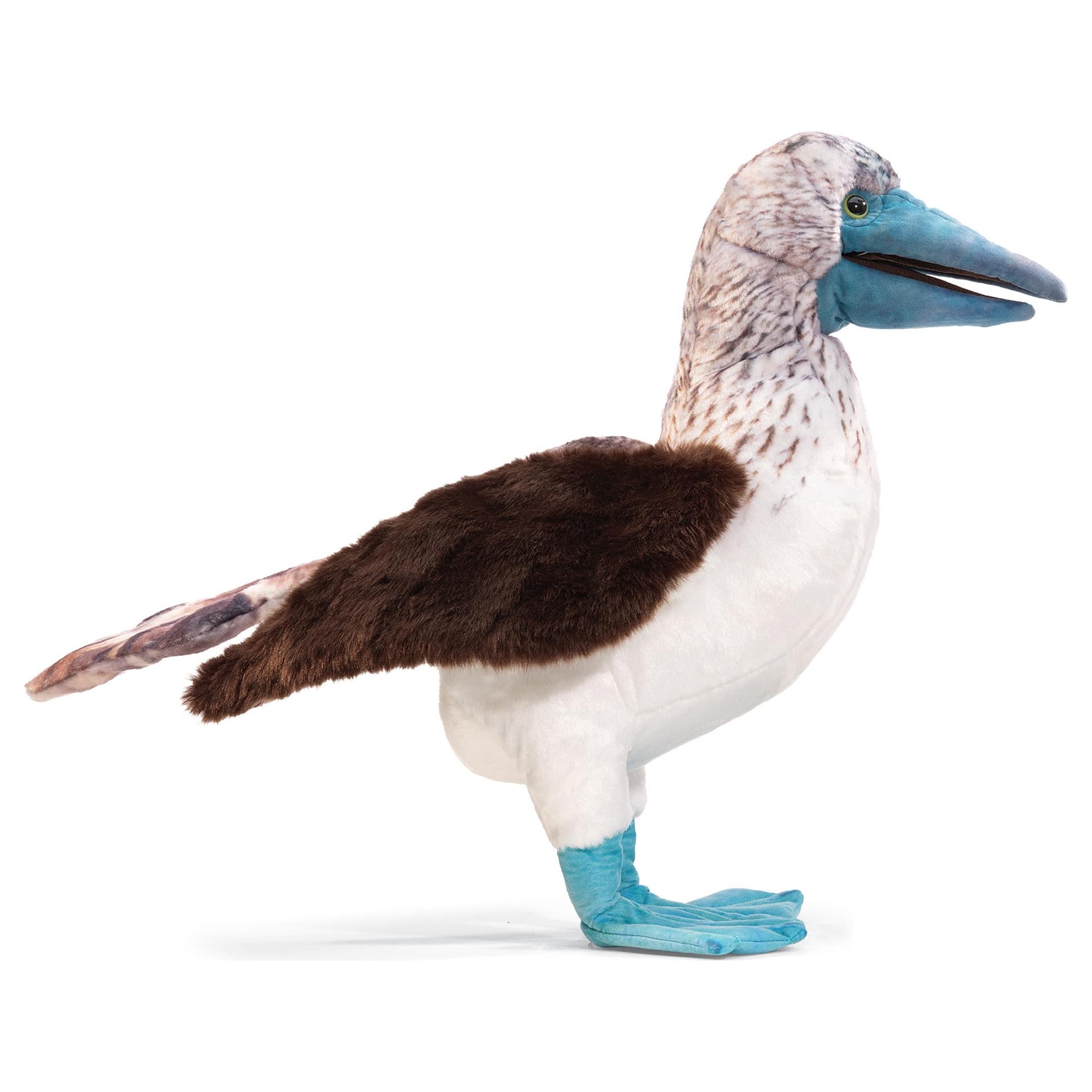 Folkmanis blue-footed booby hand puppet shown in side view with a turquoise-blue beak, brown plumage and characteristic blue webbed feet