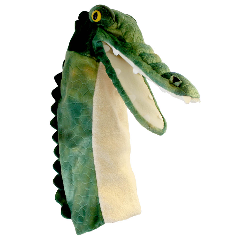 The Puppet Company baby hand puppet crocodile, green crocodile puppet with a wide open mouth, side view