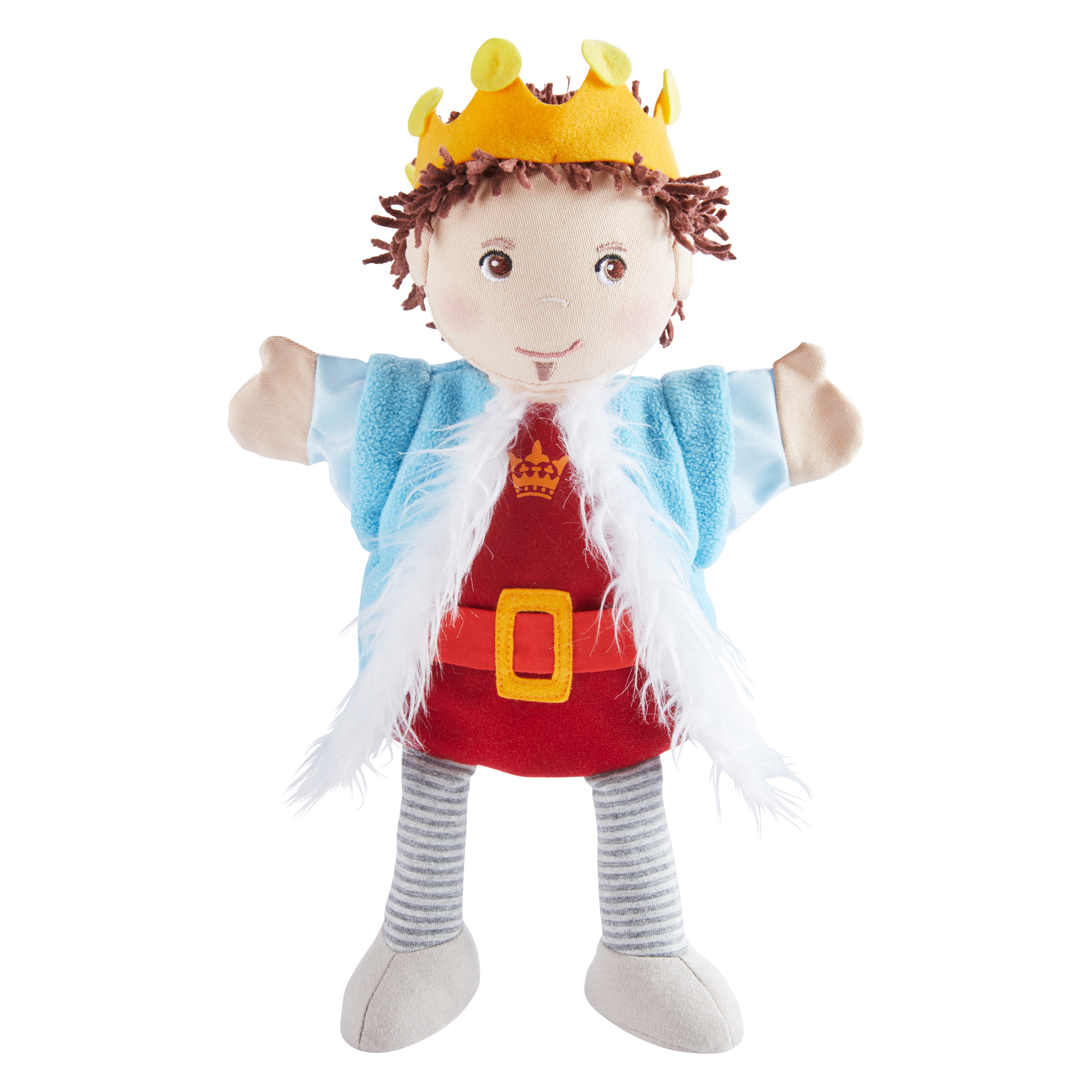 HABA baby hand puppet Prince Emir, with golden crown, light blue cape with white fur trim and red robe