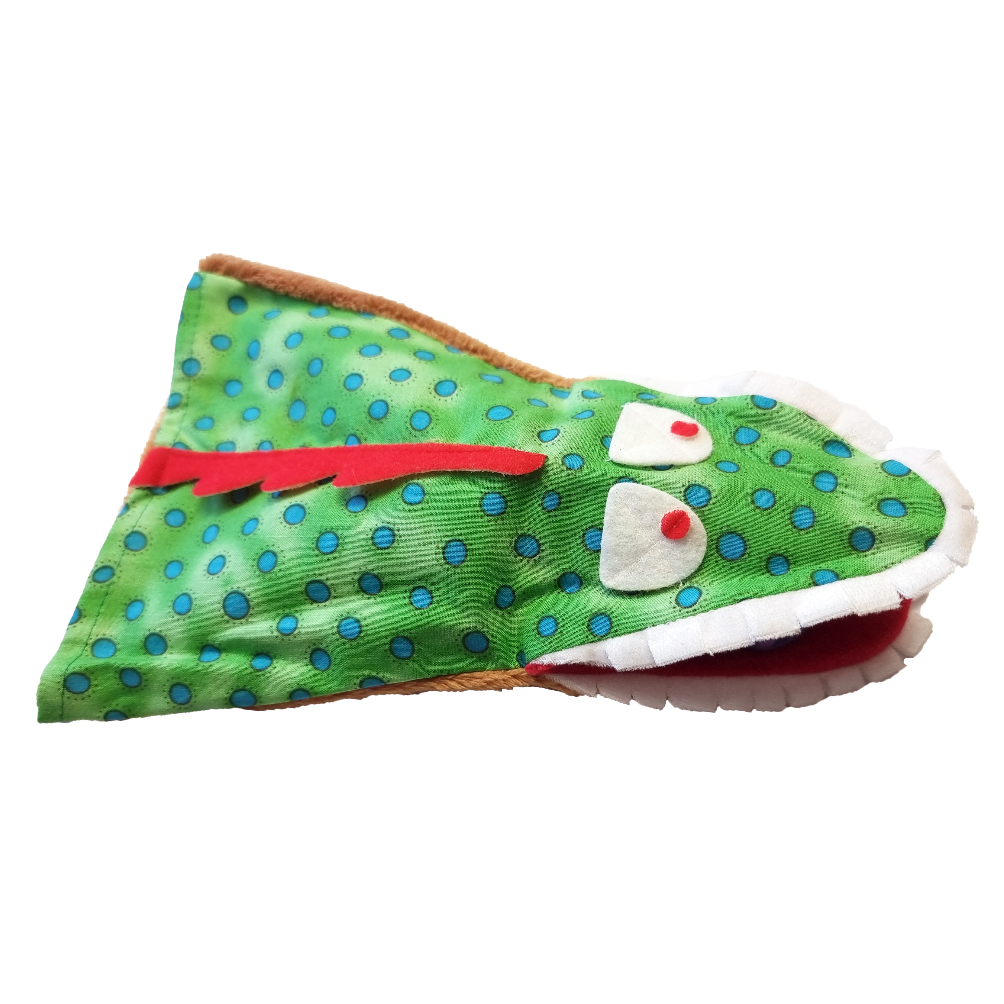 Kersa Punch and Judy puppet crocodile Kalli, green cuddle hand puppet in dotted fabric with an open white mouth