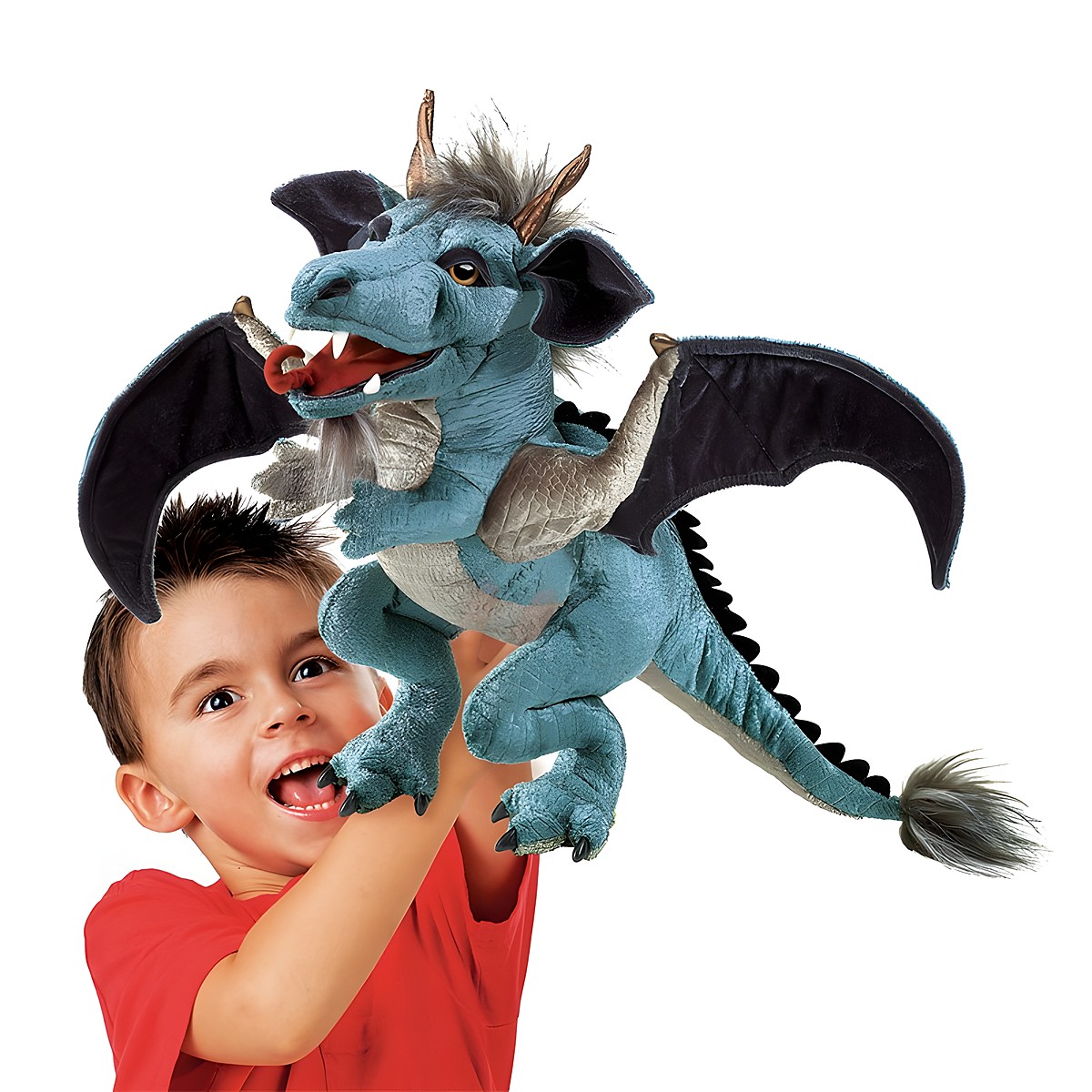 Folkmanis Sky Dragon hand puppet in blue-grey with black wings, operated by a child on an outstretched arm
