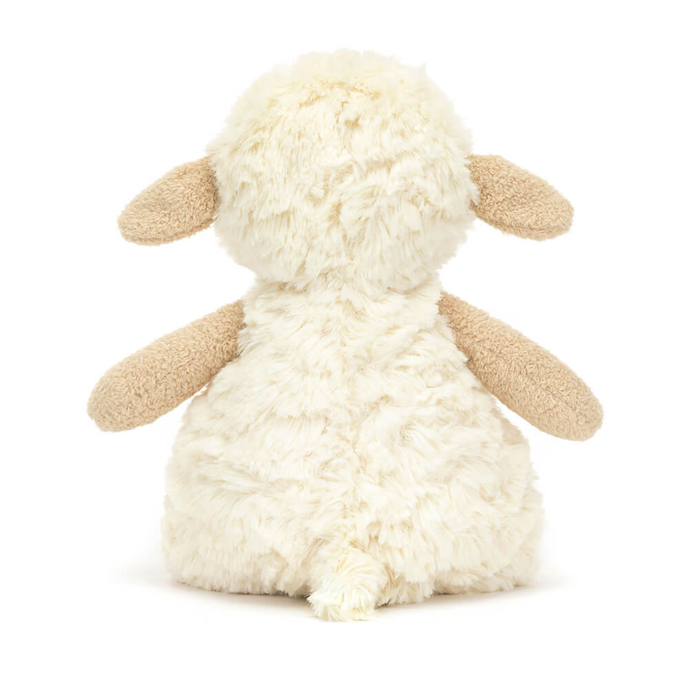Jellycat plush toy lamb Lollie Lamb, back view with curly cream-coloured fur and beige ears