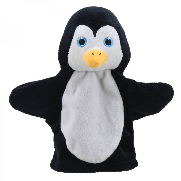 The Puppet Company baby hand puppet penguin, black and white puppet with blue eyes and an orange beak, front view