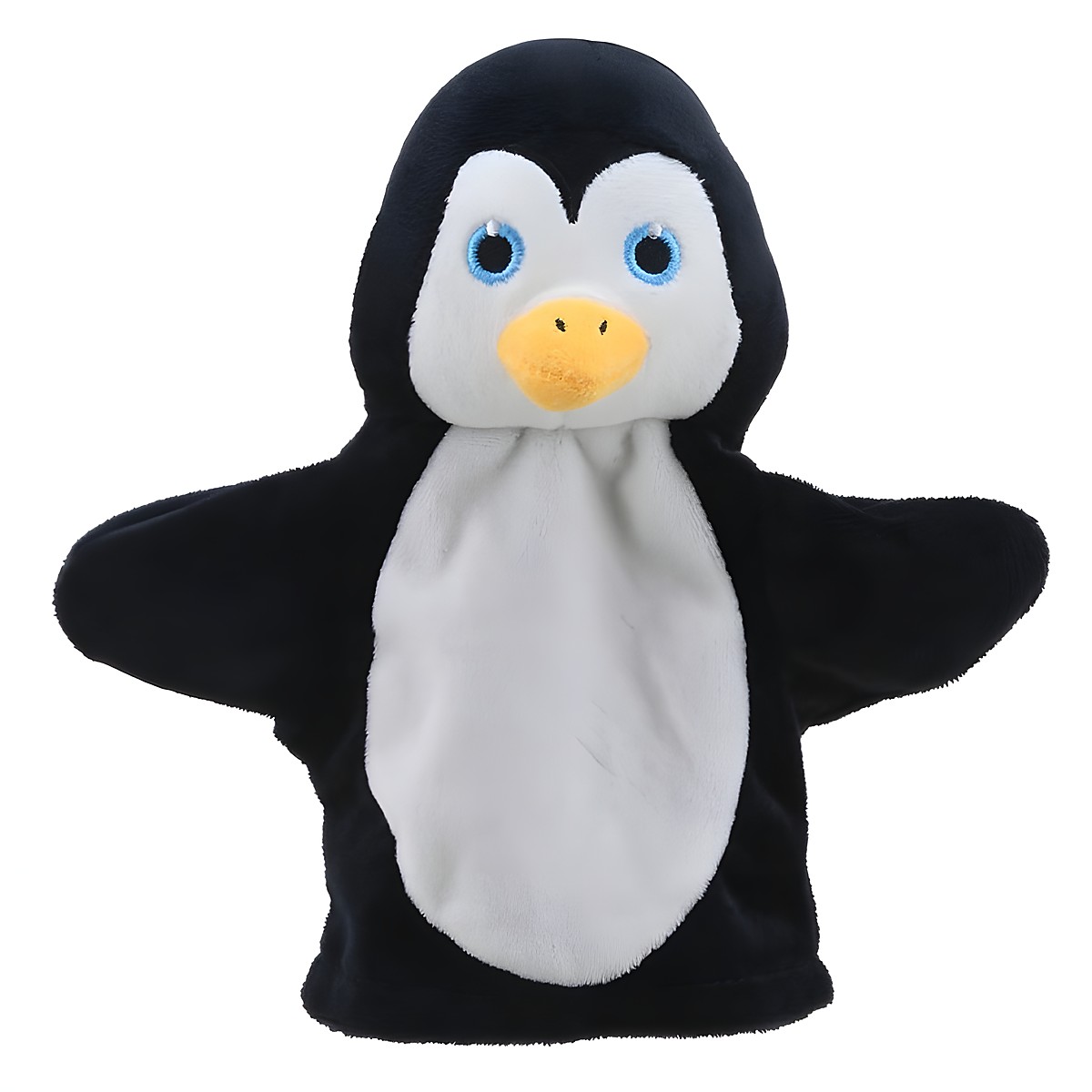 The Puppet Company baby hand puppet penguin, black and white puppet with blue eyes and an orange beak, front view