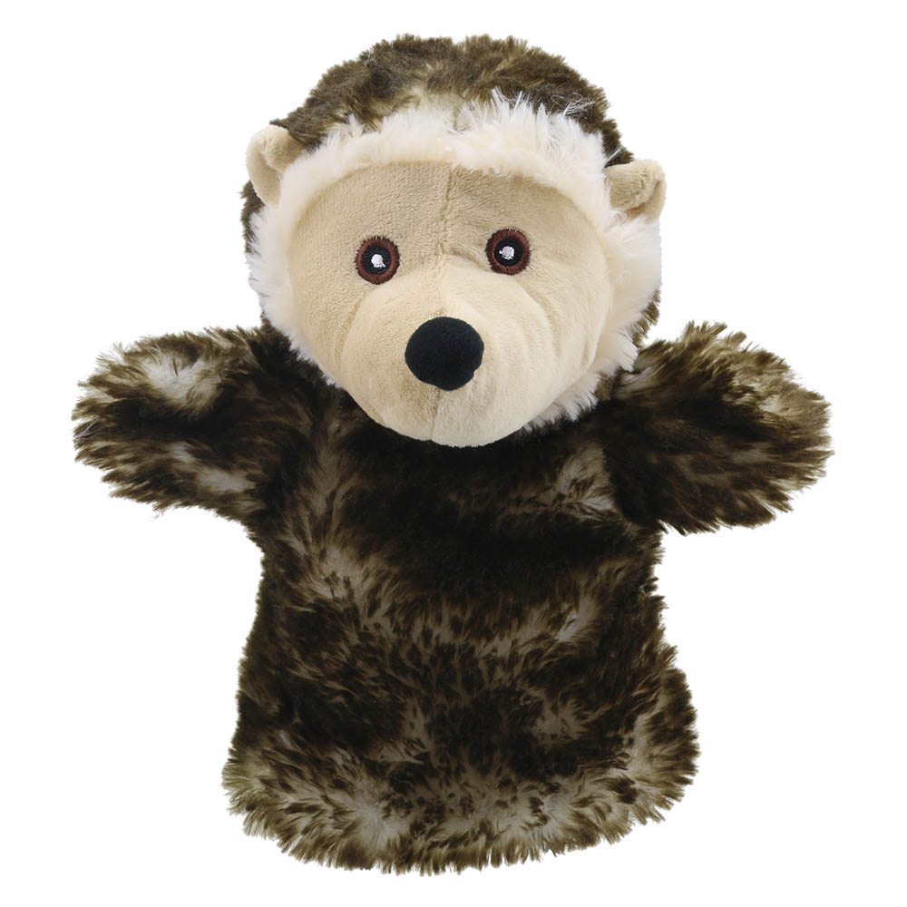 The Puppet Company baby hand puppet hedgehog, mottled brown and beige hedgehog with a dark snout, front view