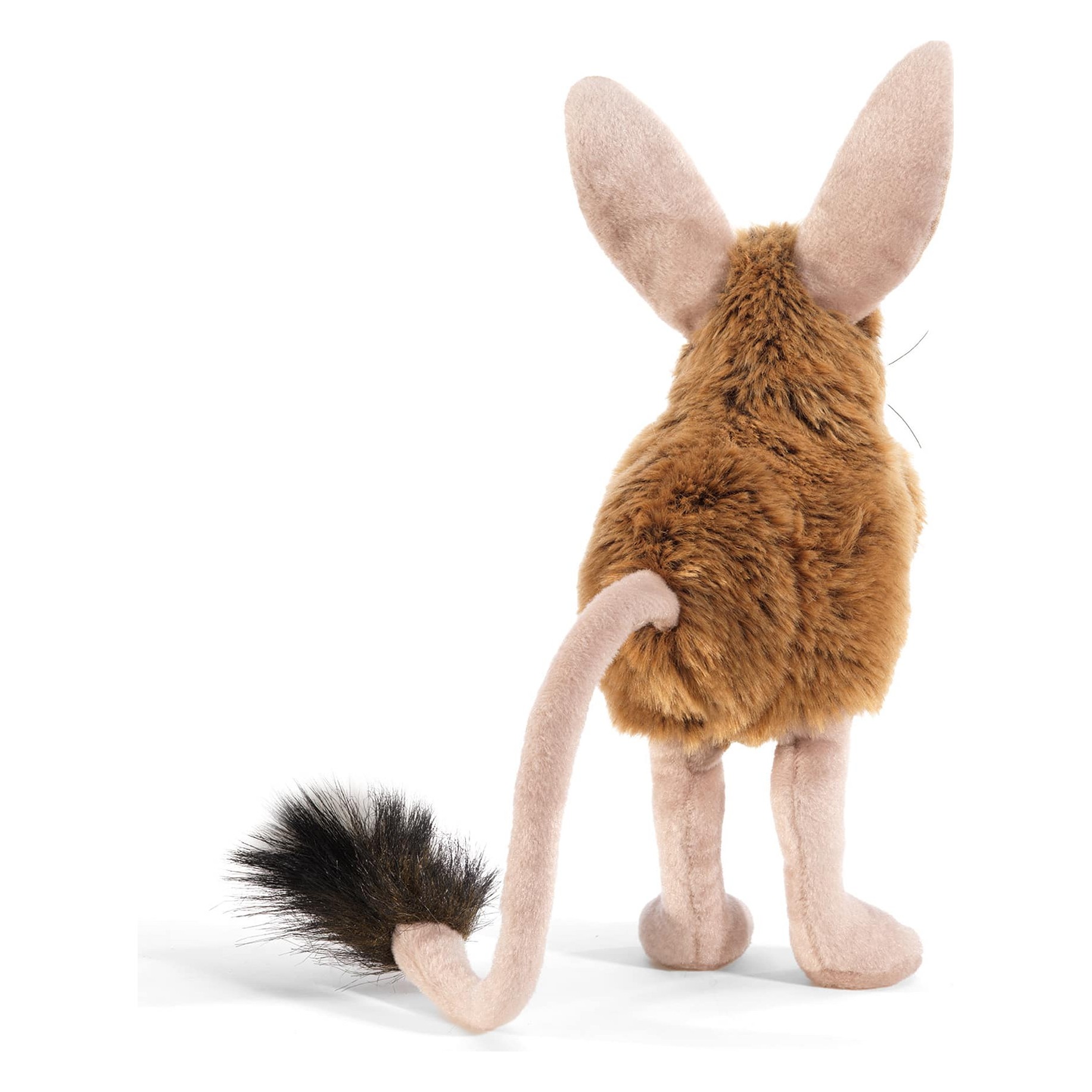 Folkmanis jerboa hand puppet seen from behind: brown fur, large pink ears, long thin tail with a dark tail tuft