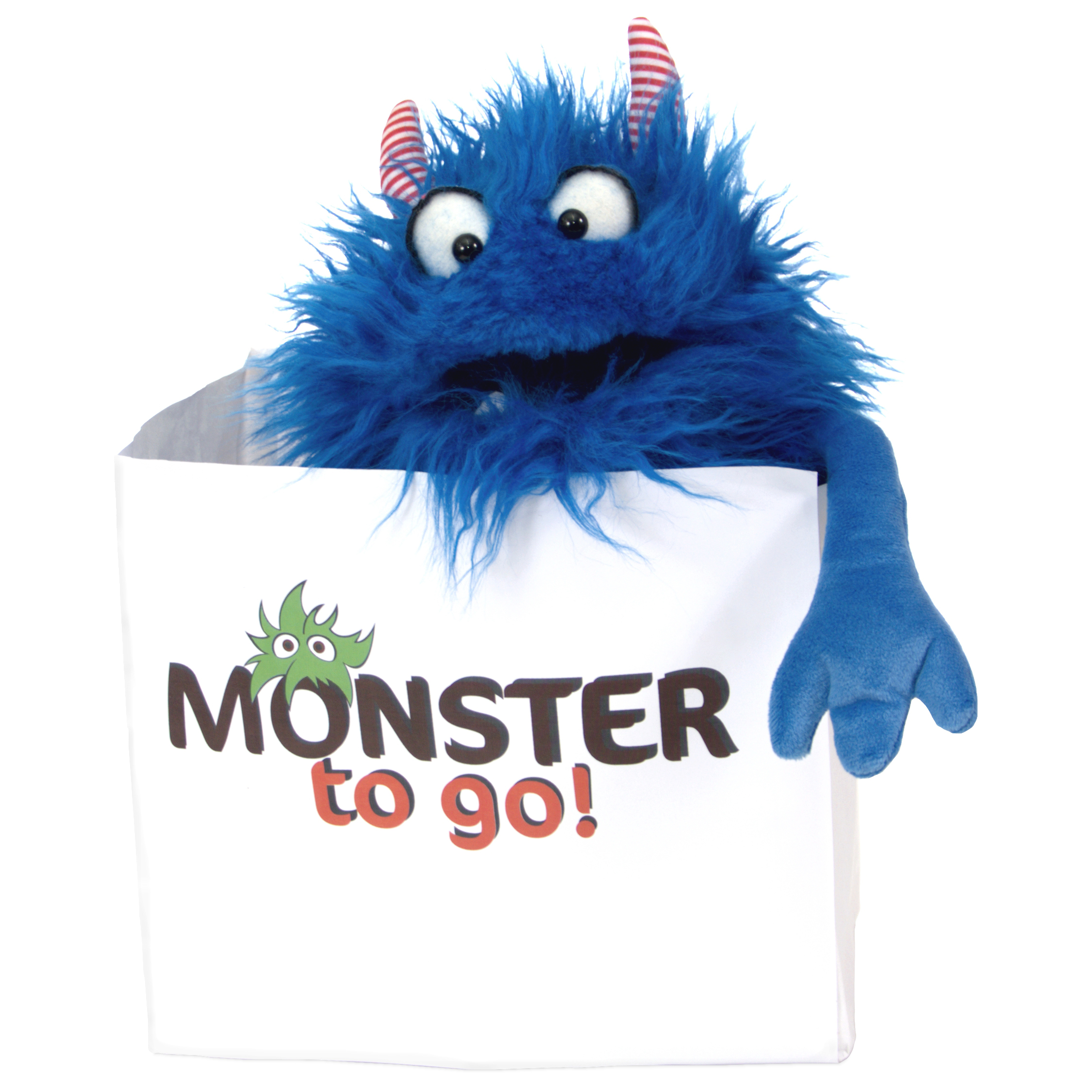 Living Puppets hand puppet Schmackes, blue shaggy monster with striped horns, leaning its arm over the edge of the Monster to go bag