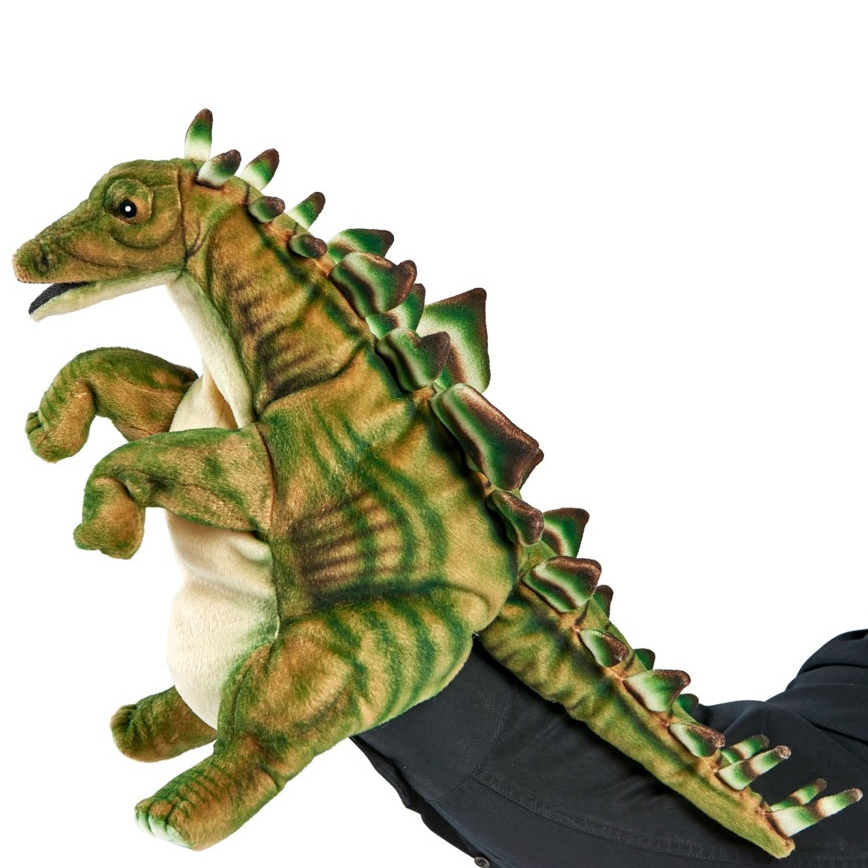 Stegosaurus hand puppet by Hansa Creation in green with jagged back plates and a light belly
