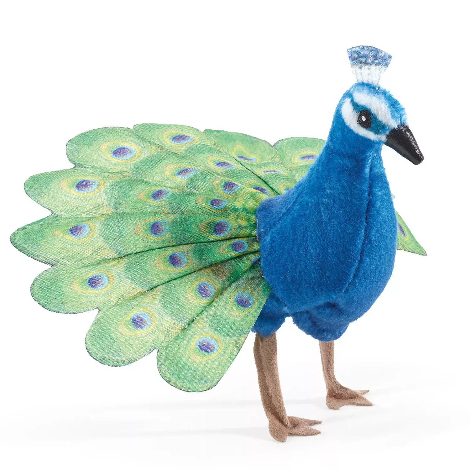 Folkmanis peacock finger puppet with blue plush body, fanned green tail with eye spots and blue feather crest, side view
