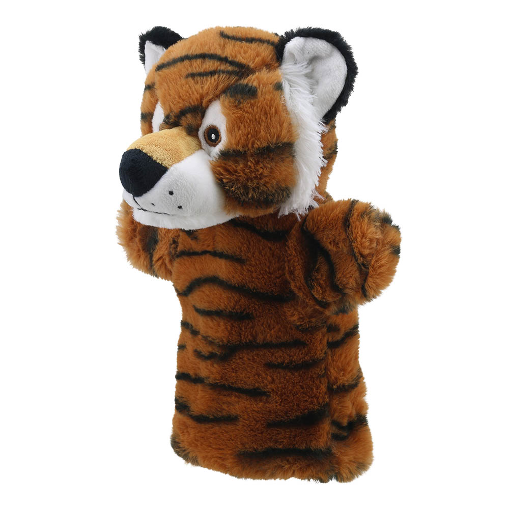 The Puppet Company baby hand puppet tiger, orange tiger with black stripes, close-up view