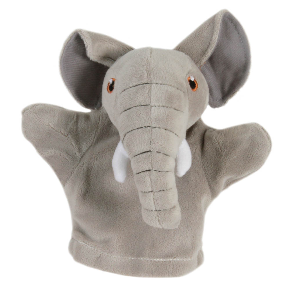 The Puppet Company baby hand puppet elephant, grey puppet with big ears and white tusks