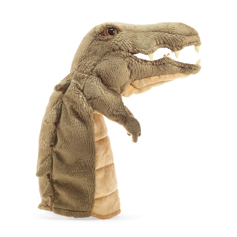 Folkmanis crocodile hand puppet in olive green with open mouth, visible teeth and textured scale pattern, side view