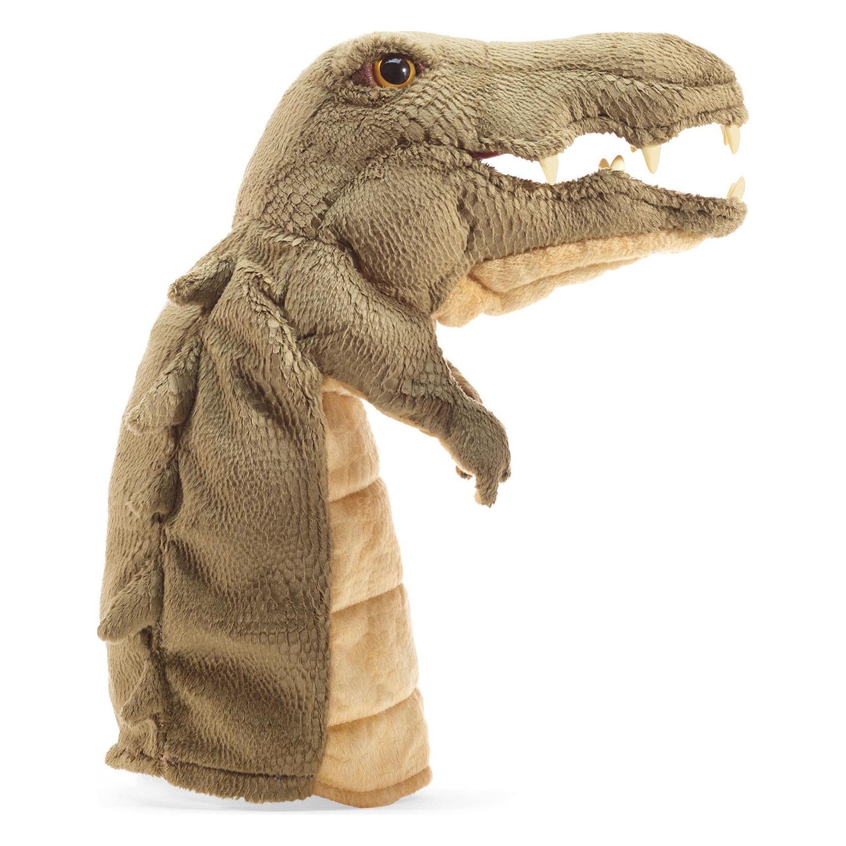 Folkmanis crocodile hand puppet in olive green with open mouth, visible teeth and textured scale pattern, side view