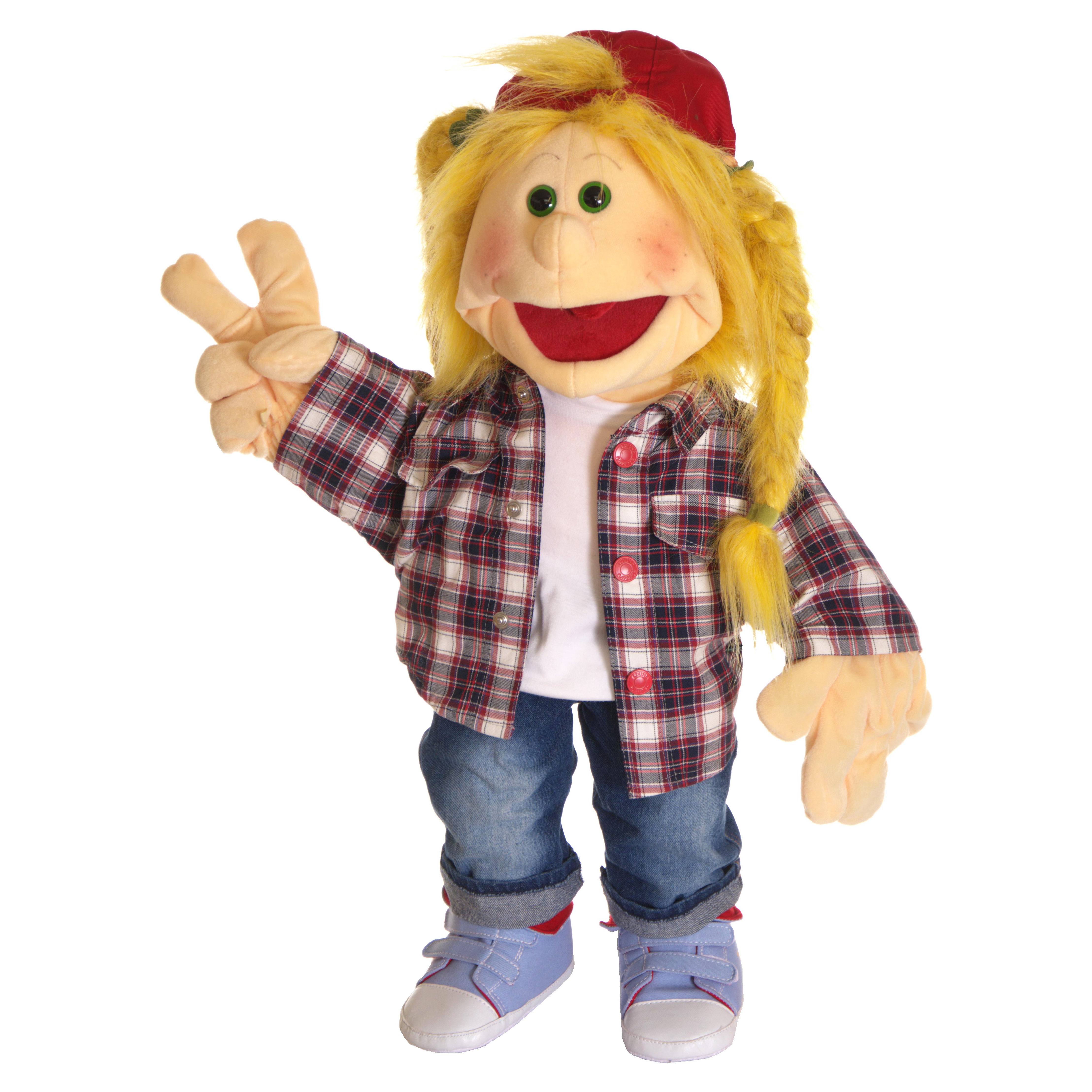 Living Puppets hand puppet Katie Kickflip with blonde hair, red cap, plaid shirt and jeans, showing the victory sign