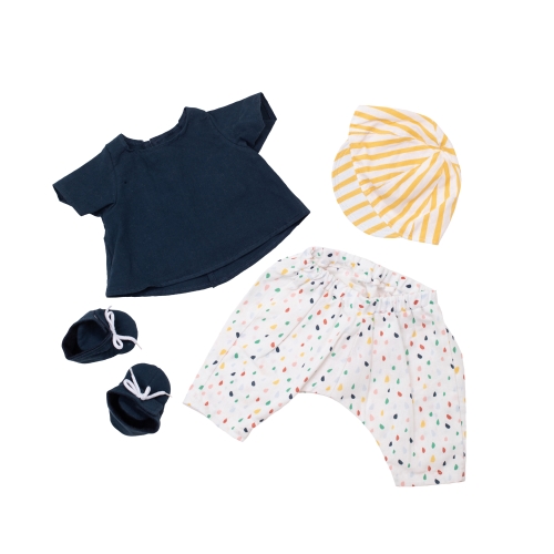 Play clothing set by Rubens Barn: dark blue shirt, patterned trousers, striped hat and booties