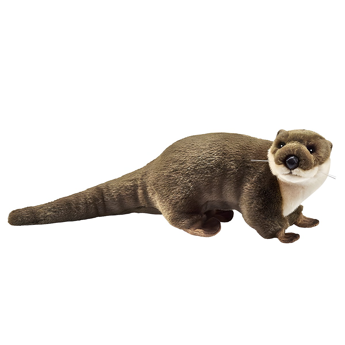 Otter plush toy by Anima on all fours with brown fur, pale throat and a long tail