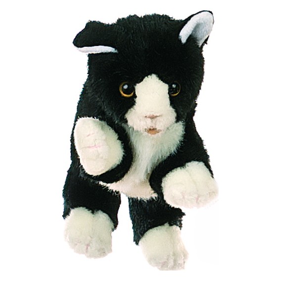 Living Puppets hand puppet black and white cat with a white muzzle, white paws and amber eyes, front view