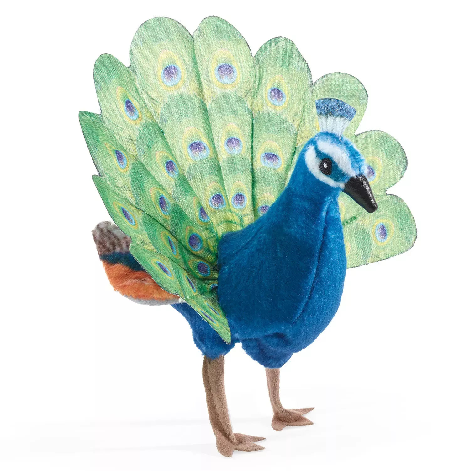 Folkmanis mini peacock finger puppet with fanned green tail, blue body and eyespot pattern, standing in side view