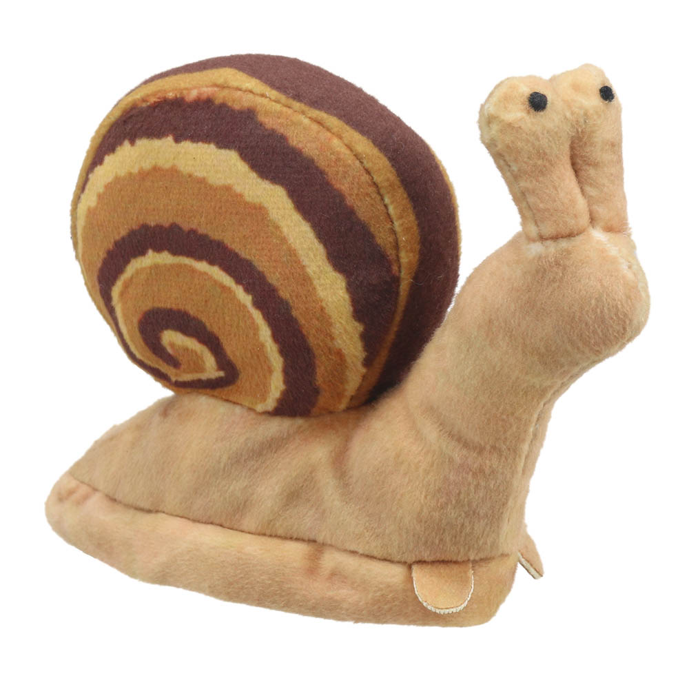 The Puppet Company finger puppet snail, beige snail with a brown striped spiral shell