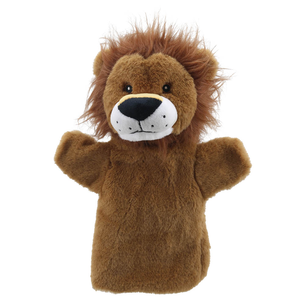 The Puppet Company baby hand puppet lion, brown puppet with a shaggy mane and white muzzle, front view