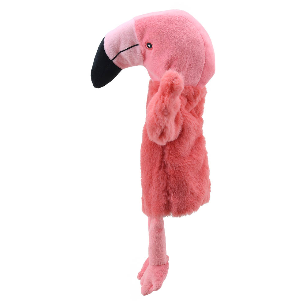 The Puppet Company baby hand puppet flamingo, profile view with a raised wing and black beak