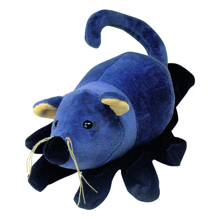 Beleduc hand puppet mouse with dark blue fur, a long tail and whiskers