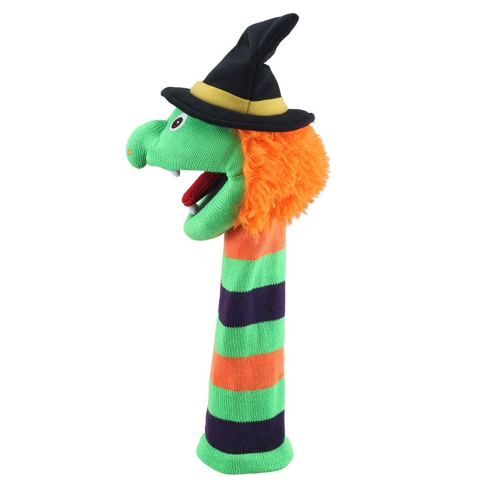 Puppet Company Witch Wilma monster sock puppet in profile facing left, long green nose, orange fringe and yellow hat band