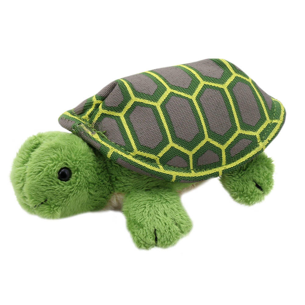 The Puppet Company finger puppet turtle, green fabric shell with yellow hexagons, side view