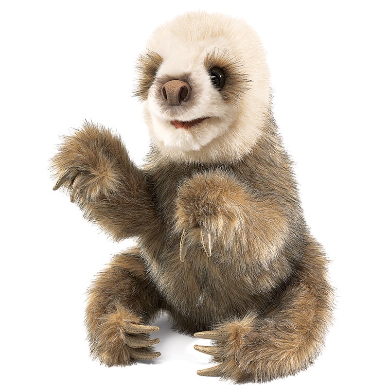 Folkmanis baby sloth hand puppet seated, brown-beige fur, raised claw, front view