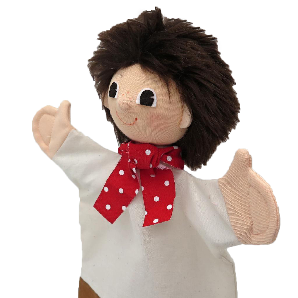 Punch and Judy puppet Hansel by munabo with brown tousled hair, white shirt and red dotted neckerchief