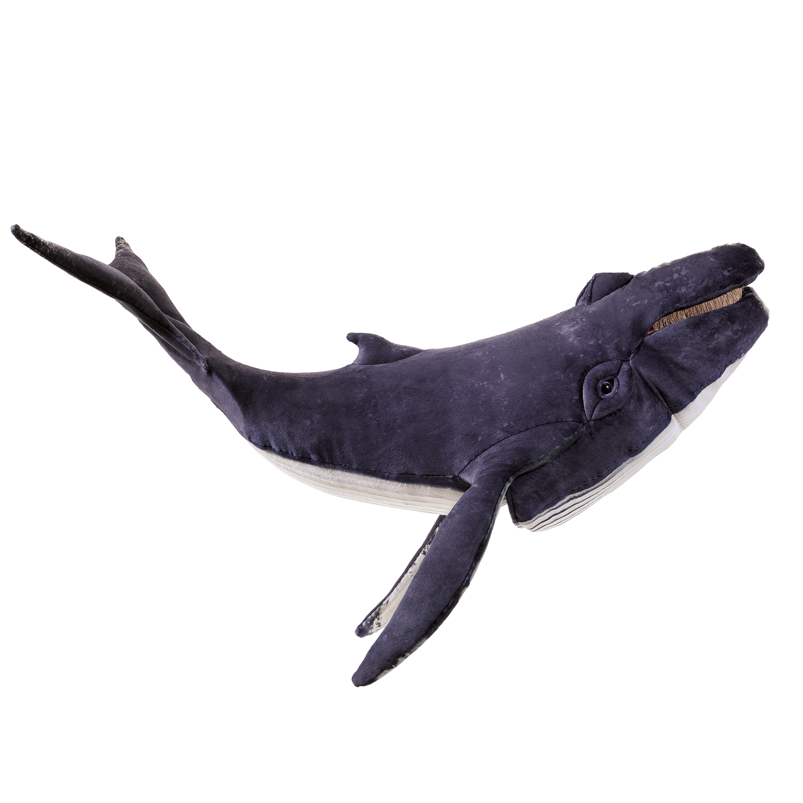 Folkmanis humpback whale hand puppet in dark blue-grey with a white belly, movable mouth and long pectoral fins, angled view
