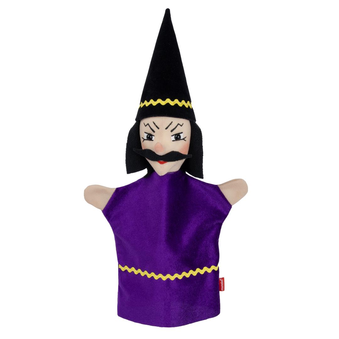 Evil Wizard hand puppet by munabo, front view in a purple robe with a black pointed hat trimmed in yellow.
