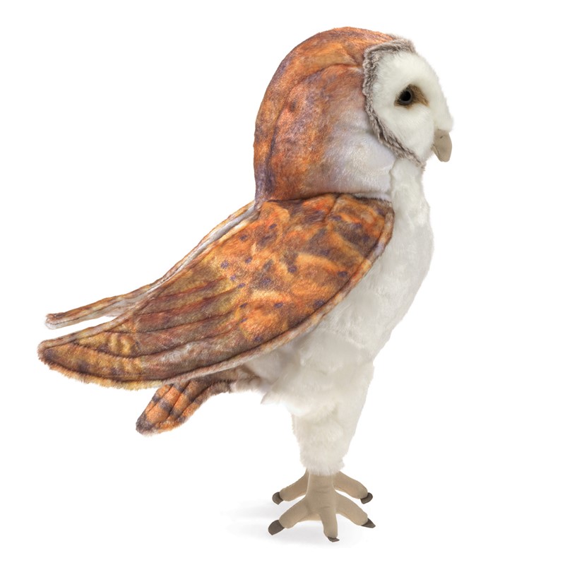Folkmanis barn owl hand puppet shown from the side with rust-brown plumage, white belly and characteristic heart-shaped face