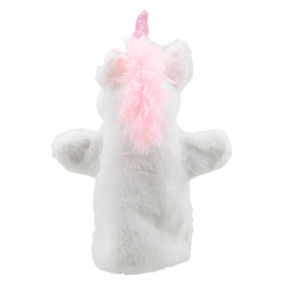 The Puppet Company hand puppet unicorn, side view with the flowing pink mane