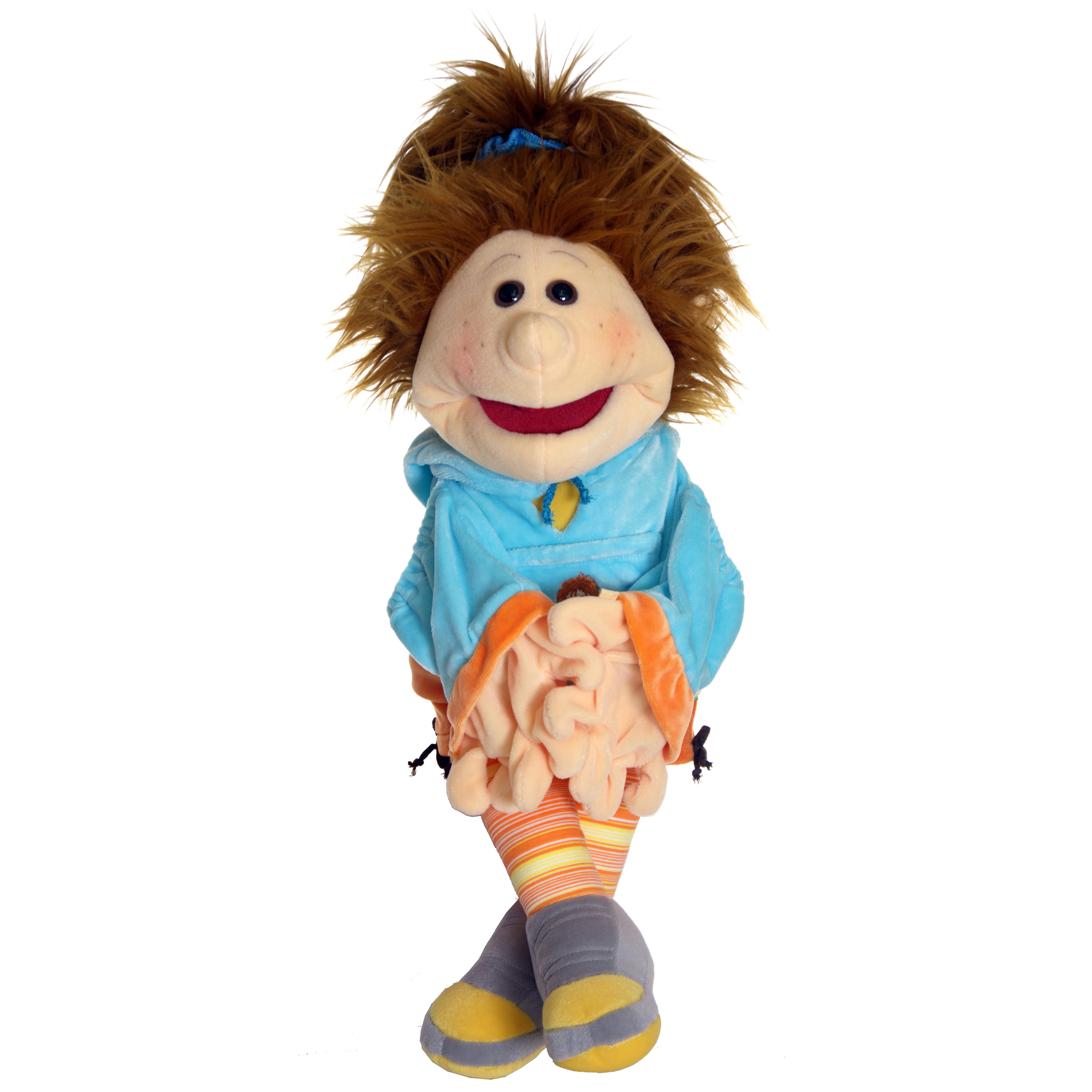 Living Puppets hand puppet Little Gretchen with tousled brown hair, light blue hoodie, striped knee socks and grey shoes, sitting