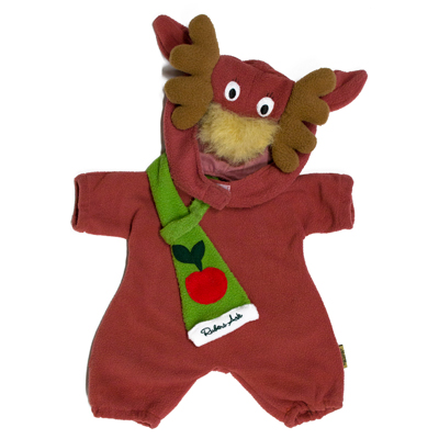 Moose outfit for Rubens Ark and Kids dolls: russet overall with moose hood and green apple scarf