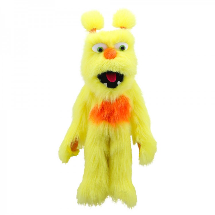 The Puppet Company monster hand puppet yellow, yellow shaggy monster with an orange belly patch and open mouth