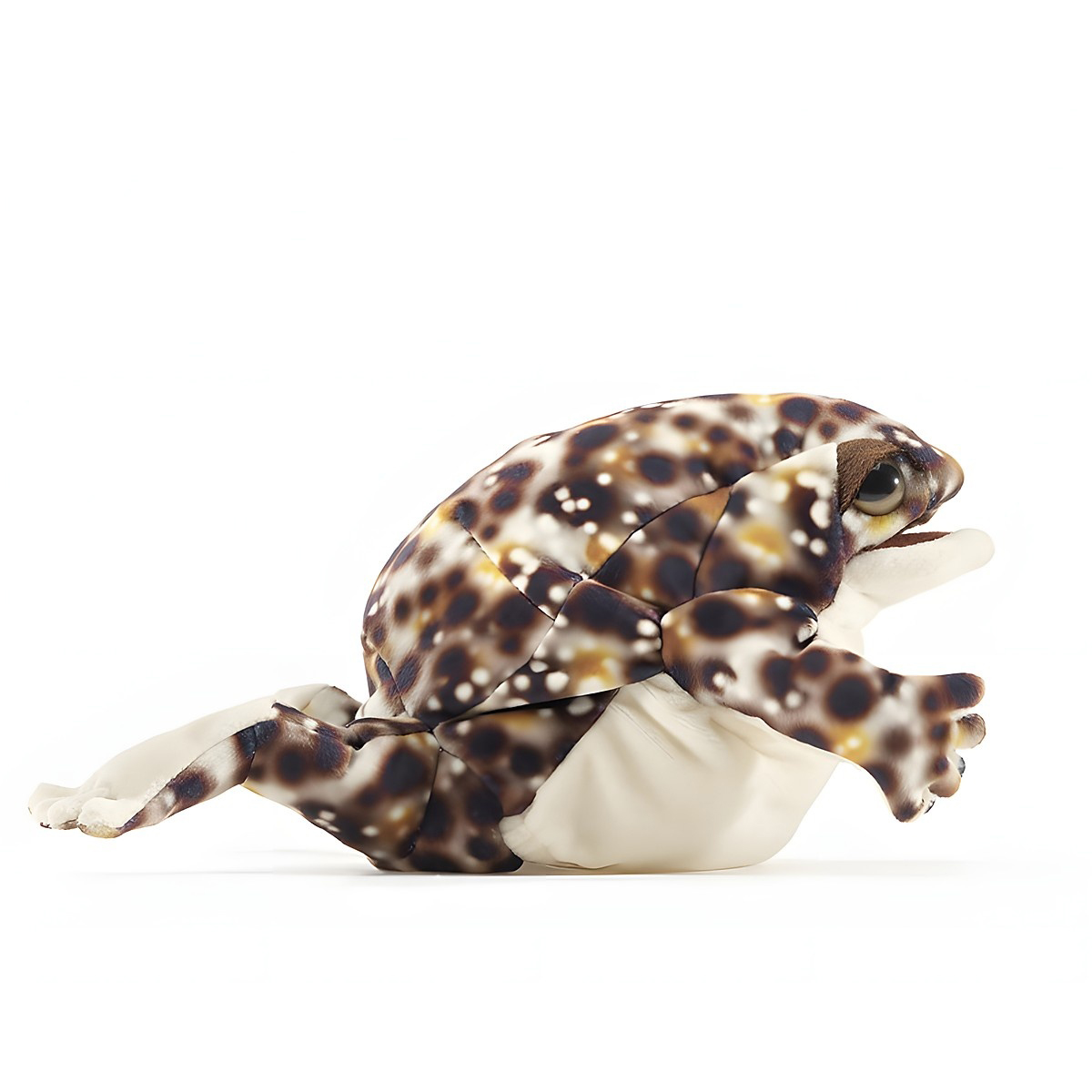Folkmanis Desert Rain Frog hand puppet in side view, brown and white spotted with spread legs and open mouth