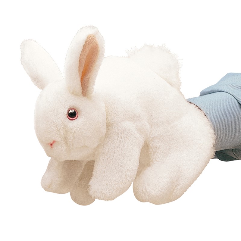 Folkmanis white bunny hand puppet with pink eyes and upright ears, worn on a hand, side view