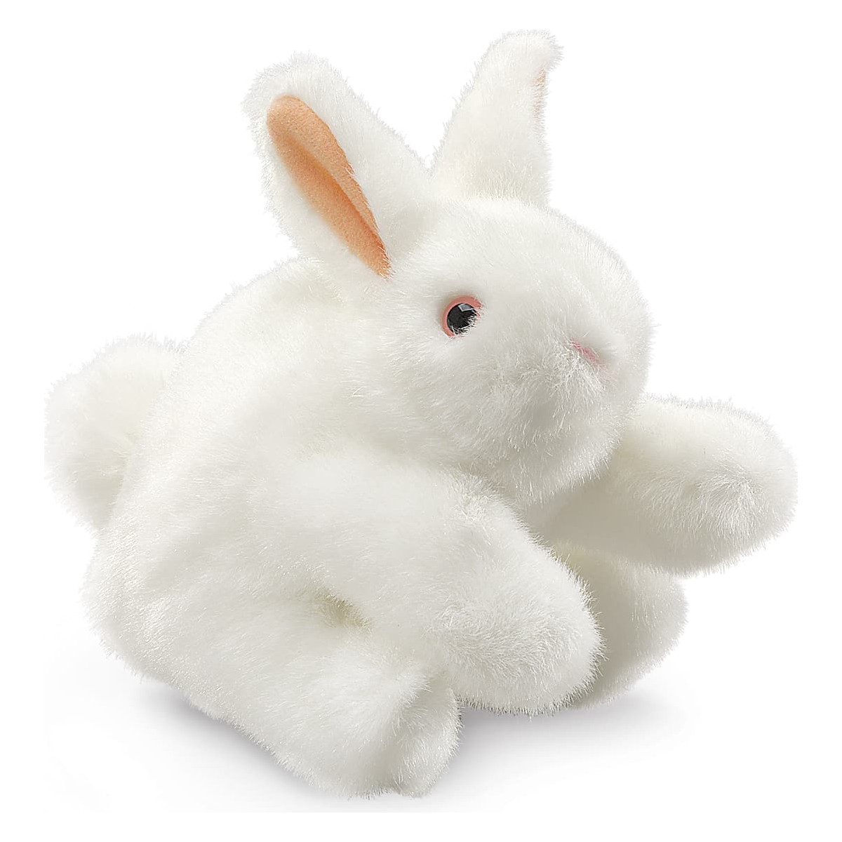 Folkmanis white bunny hand puppet with pink eyes and upright ears, worn on a hand, side view