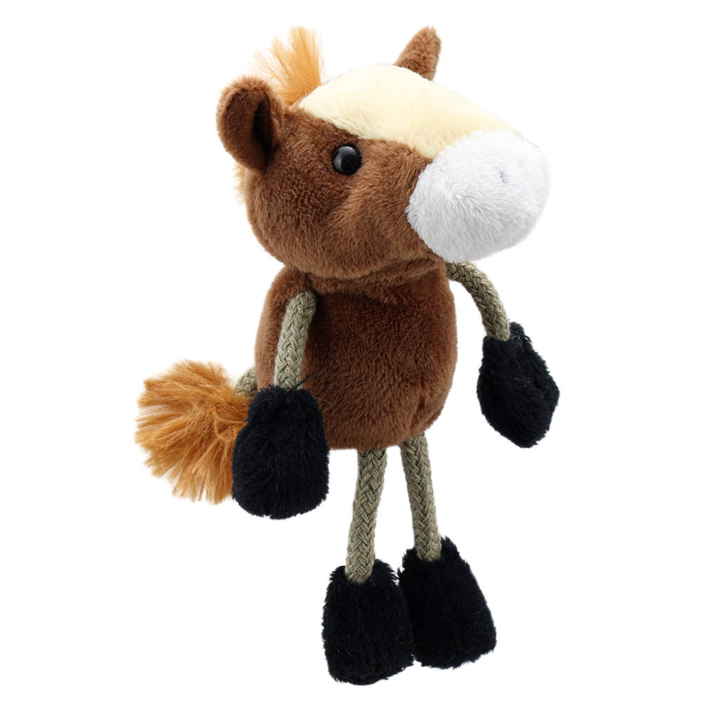 The Puppet Company finger puppet horse, brown pony with a light blaze, mane and long fabric legs