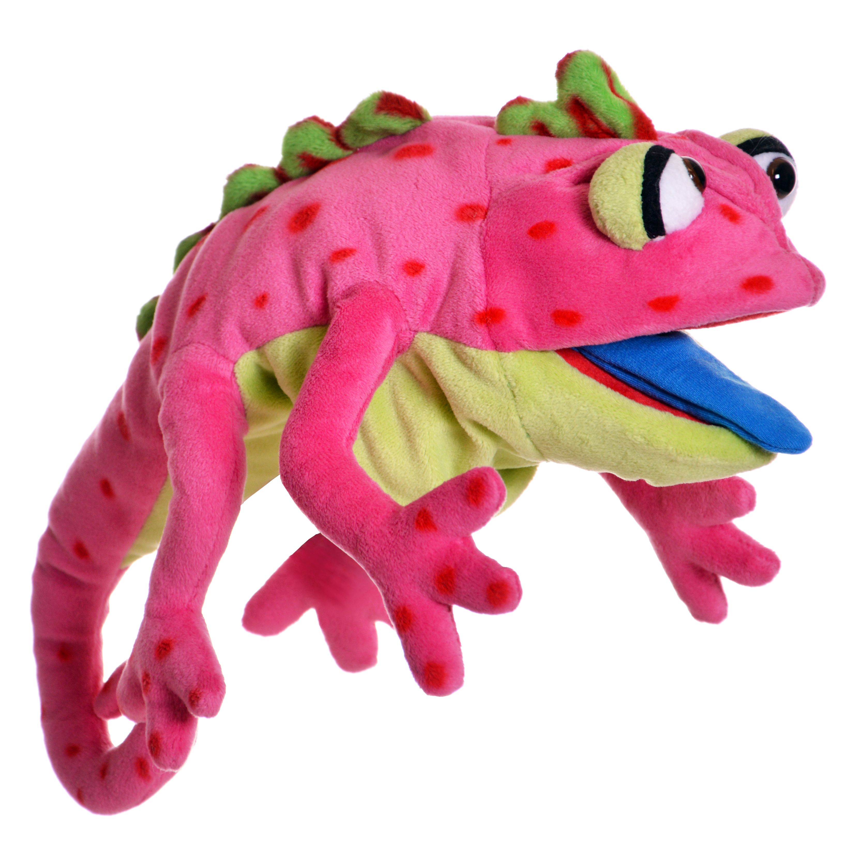 Living Puppets hand puppet Wilhelminchen the chameleon, pink with red dots, a green back crest and a blue tongue, crawling, side view